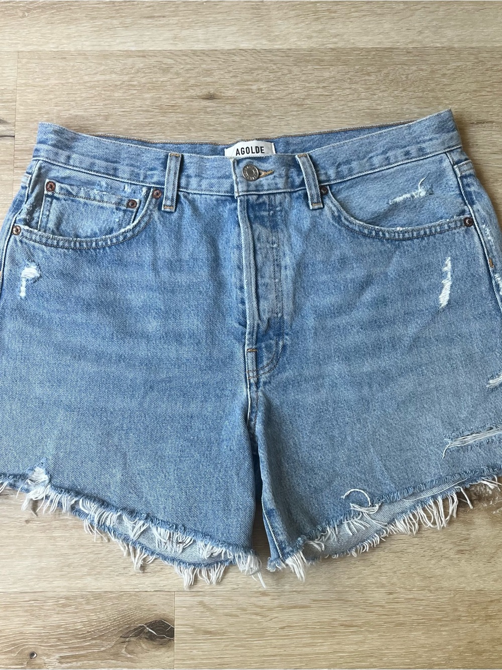 Agolde Light Blue Frayed Hem High-Rise Denim Shorts